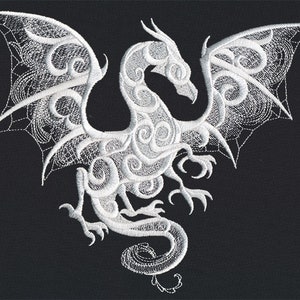May include: White embroidered design of a dragon with intricate swirling patterns on a black background.