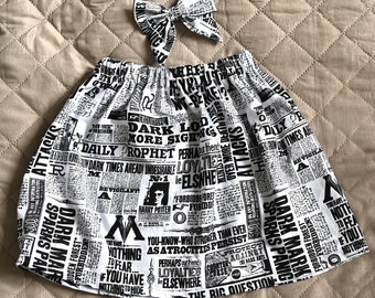 Harry potter newspaper or Hogwarts print skirt and bow