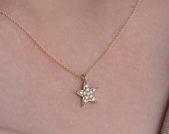 Gold Star Necklace 14K Solid Gold Necklace , Layering Necklace , Star Charm Necklace , Dangle Necklace , Delicate Gold Necklace