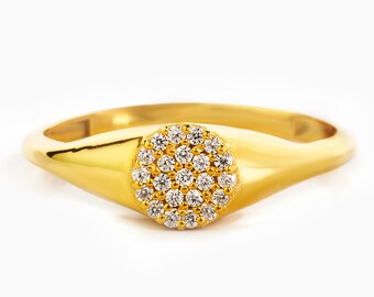 14K Gold Diamond Signet Ring , Diamond Pinky Ring in 14k Gold , Diamond  Gold Promise Ring with Micro Pave Setting , Hand made Ring