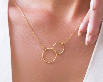 Solid 14K Gold Linked Rings Necklace, Double Circle Charm, Gold Linked Rings, Infinity Necklace, Circle Necklace, Interlocking Circles