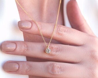 14K Gold Diamond solitaire necklace, Solid Gold Necklace , Gold CZ Necklace, Genuine Gold Pendant , Solitaire Pendant  ,  Layering Necklace