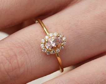 Natural Morganite Ring , Solid Gold Engagement Ring , Gold Halo Wedding Ring , Proposal Ring , Gold Ring Diamond CZ