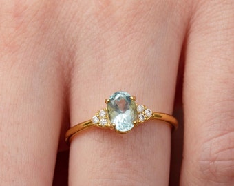 Natural Aquamarine Ring , Solid Gold Engagement Ring , Gold Halo Wedding Ring , Proposal Ring , Gold Ring Diamond CZ