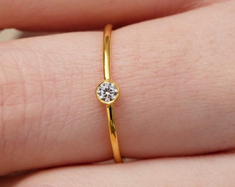 Single Diamond Gold Ring, Diamond Wedding Ring, Engagement Ring, Gold Stacking Ring, Solid Gold Ring, White Diamond Ring, Thin Ring