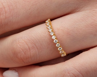 14k Diamond Wedding Band , Petite Diamond Wedding Ring , Half Eternity Minimal Ring , Stacking Diamond Ring , Handmade Ring , Thin Ring