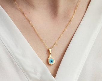 14k Solid Gold Evil Eye Necklace Handmade Pendant Mother Of Pearl Evil Eye Blue Dainty teen Valentine Birthday gift for her