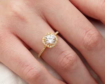 Real Gold Engagement Ring - Gold Diamond CZ Halo Wedding Ring - Proposal Ring  - Gold Minimalist Ring - Gold Wedding Ring