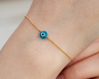 Minimal Evil Eye Bracelet Round Solid Gold Evil Eye 14k Gold Gift for Her Anniversary Bridal Tiny bracelet Baptism Mothers day