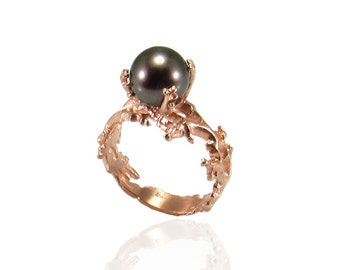 Black Pearl Ring, Gold Pearl Ring, Black Pearl Engagement Ring, Gold Engagement Ring, Anniversary Ring, Engagement Ring, Coral Ring