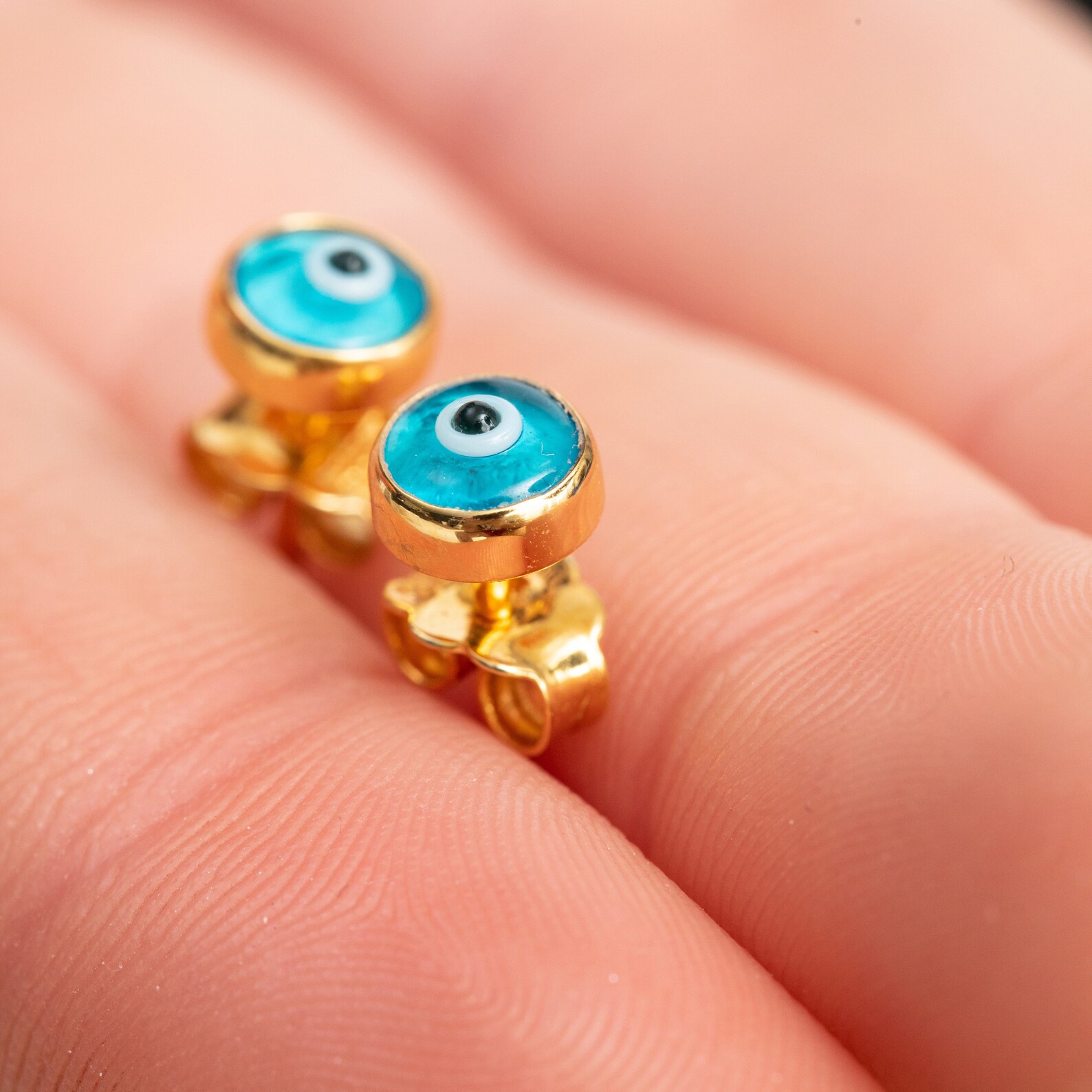 14k Solid Gold Evil Eye Earrings Studs Handmade Earrings Round Etsy