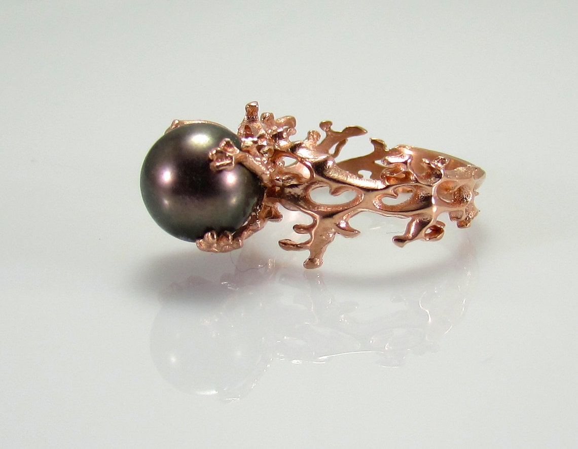 Black Pearl Ring Gold Pearl Ring Black Pearl Engagement Etsy