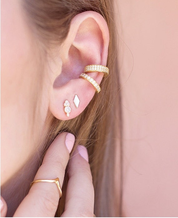18K Gold Ear Cuff Set Pave Ear Cuffs Non Pierced Ear Cuff Etsy