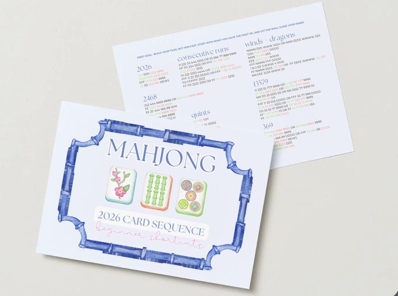 May include: Two white cards with text and illustrations. One card features the word "MAHJONG" in blue, with three illustrated tiles and the text "2026 CARD SEQUENCE Beginner shortcuts." The other card has game instructions.