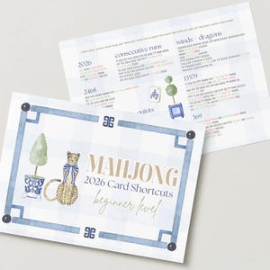 May include: Two Mahjong card shortcut guides. The main card features a leopard illustration and text that reads "MAHJONG 2026 Card Shortcuts beginner level". The background is a blue and white plaid pattern.