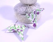 Earrings white Origami bird with purple flowers and greenery, purple, light earrings, Japanese paper bird, women gift, Christmas gift