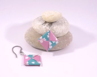 Buckles Square Origami turquoise flowers and pink peas in light Japanese paper for birthday woman girl teen Christmas