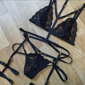 Set di lingerie in pizzo con spalline regolabili, bralette e mutandine sexy, abbigliamento intimo da boudoir da donna