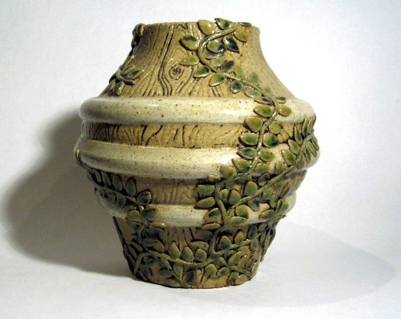 Ceramic Wood and Vine Vessel Handmade Ceramic Vase With Hand Carved