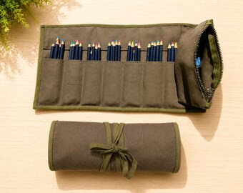 Astuccio arrotolabile per matite e pennelli da trucco, organizer cosmetico in tela con pochette con cerniera, porta pennelli da viaggio, pochette per trucchi da artista.