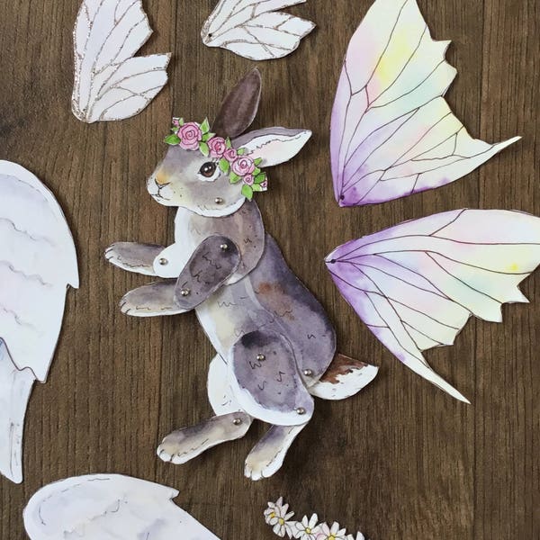 Articulated paper baby rabbit fairy doll - 'Dandelion' bunny - The Wishing Shed