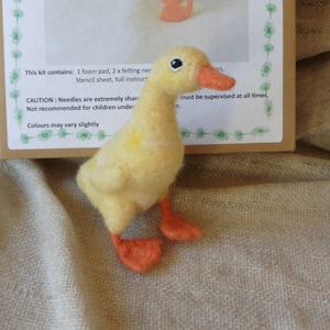 May include: A needle felting kit to make a yellow duckling. The kit includes a foam pad, felting needles, a stencil sheet, and full instructions. The kit is for beginners and intermediate crafters. The image shows a finished yellow duckling with orange feet.