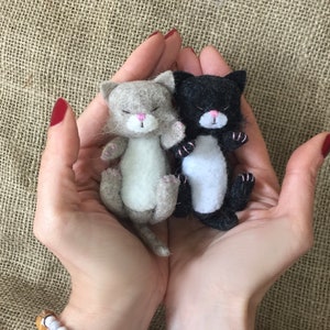 May include: Two small felted cat toys, one gray and one black with white accents, are held in a person's hands. The cats are lying on their sides with their eyes closed.