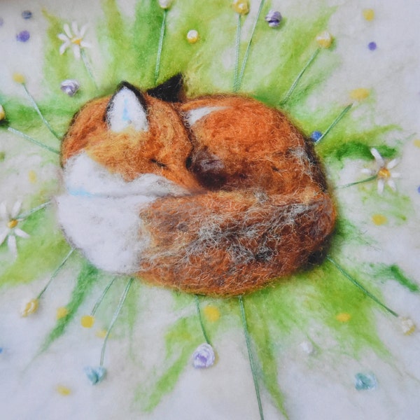 Summer Snooze - Needle Felt Sleeping Fox Picture Folk Art artwork - Print - Original painting garden flowers picture whimsical art gift