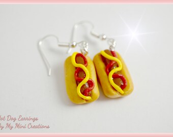 Hotdog with Ketchup and Mustard Earrings , Miniature food, Miniature Food Jewelry, Food Jewelry