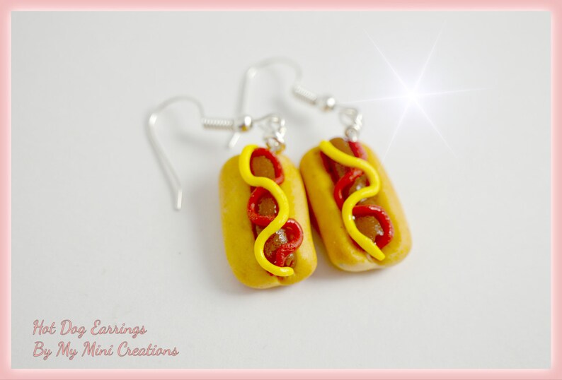 Hotdog With Ketchup and Mustard Earrings , Miniature Food, Miniature