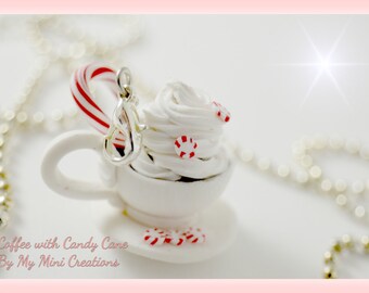 Coffee with Candy Cane Necklace, Polymer Clay, Miniature Food, Miniature Food Jewelry