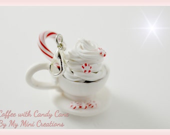 Coffee with Candy Cane Charm, Polymer clay, Miniature food, Miniature Food Jewelry