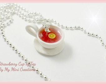 Strawberry Cup of Tea Necklace, Polymer clay, Miniature food, Miniature Food Jewelry