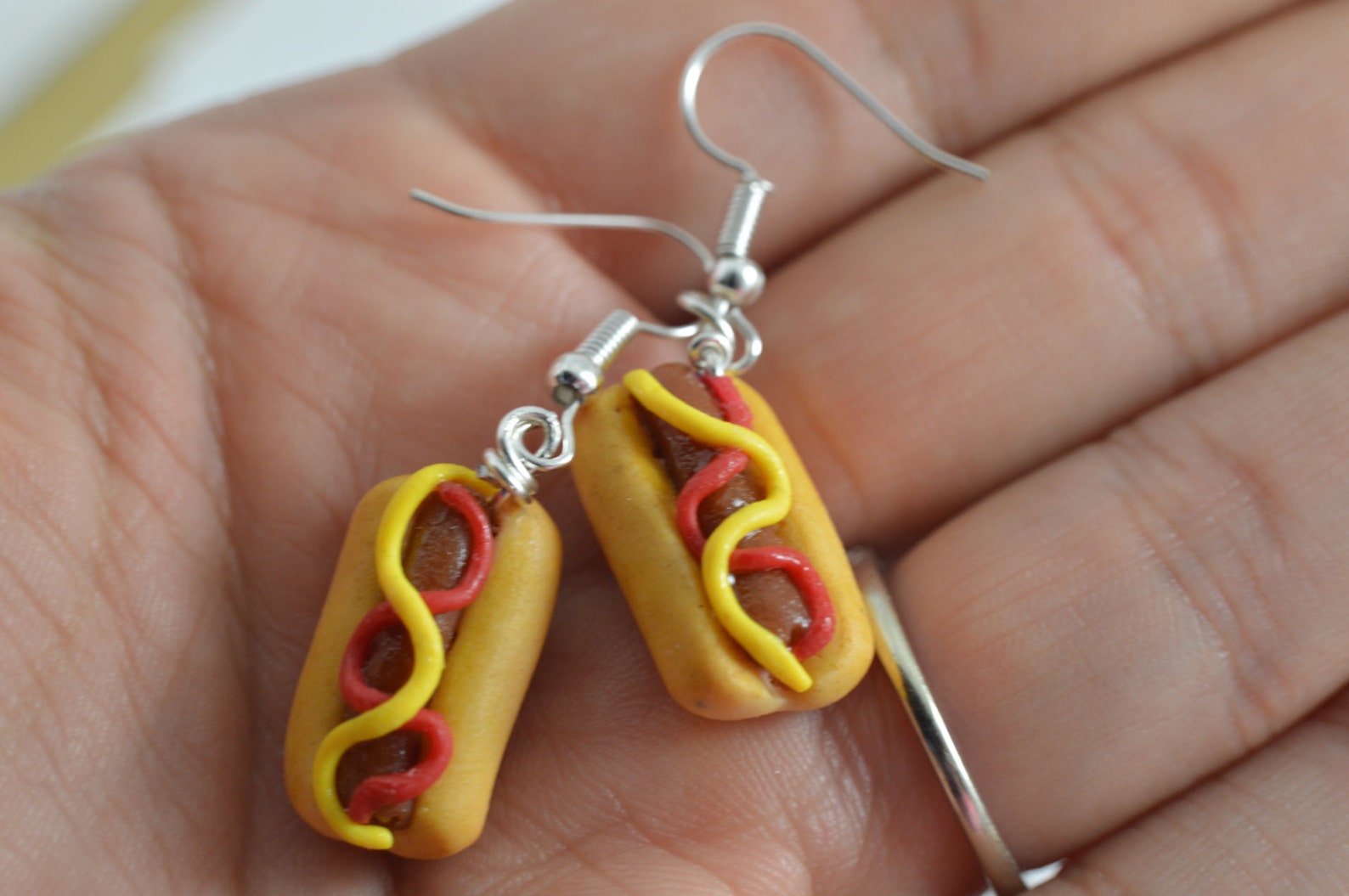 Hotdog With Ketchup and Mustard Earrings , Miniature Food, Miniature