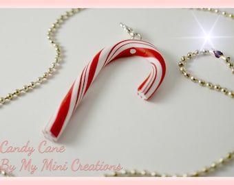 Candy Cane Necklace, Polymer Clay, Christmas Charm, Miniature Food, Miniature Food Jewelry