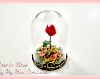 Rose in Glass Inspired by Beauty and the Beast, Dollhouse Flowers, Minature Flowers