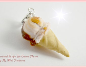 Caramel Fudge Ice Cream Charm , Miniature Food, Food Jewelry, Miniature Food Jewelry