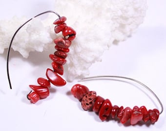 Red coral earrings - Mother day gift - raw stone earrings - statement jewelry - Boho earrings for girlfriend gift - Long earrings for mom
