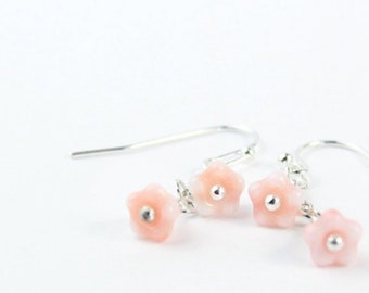 Blush Pink Earrings - Small Floral Earrings Dangle - Simple Jewelry Gift for Her Birthday - Mini Drop Earrings Silver Everyday Jewelry Women