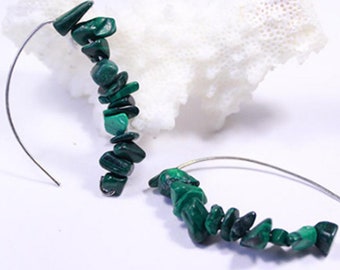 Malachite Stone Earrings for Grandma Gift - V-shaped Long Earrings Birthstone Jewelry - Drop Dark Green Earrings Forest Green Jewelry Gifts
