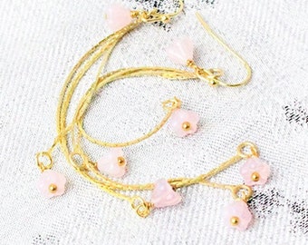 Kawaii Pink Jewelry for Girlfriend Gift - Drop Chandelier Earrings Christmas Jewelry Gift - Gold Long earrings - Pink Blossom Earrings Women