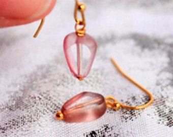 Pink Czech Glass Earrings - 14K Gold Filled Hooks, Geometric Jewelry