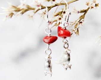 Coral Earrings Sterling Silver - Animal Mini Bird Jewelry - 925 Silver Boho Earrings Red Delicate Birthstone Jewelry - Stone Earrings Sale