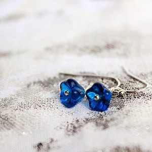 Dark blue earrings for daughter gift Sterling silver drop jewelry Small simple earrings for her gifts Everyday flower dangle earrings image 1