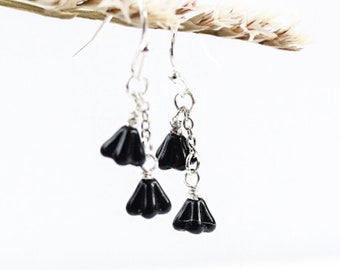 Black Earrings Small Floral - Mini Drop Earrings - Sterling Silver Jewelry - Dangle Everyday Earring Gift for Women - Simple Gothic Jewelry