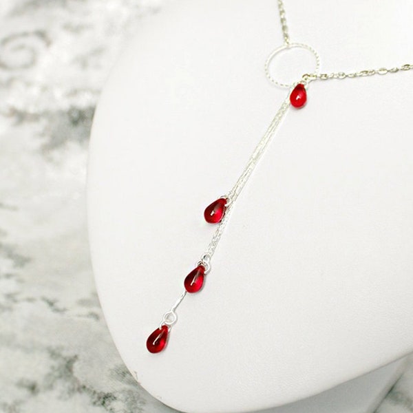 Ruby red lariat necklace for her gift - red silver jewelry for girlfriend gift - backdrop prom necklace for niece - simple long jewelry gold