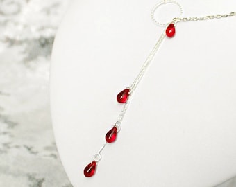 Ruby red lariat necklace for her gift - red silver jewelry for girlfriend gift - backdrop prom necklace for niece - simple long jewelry gold