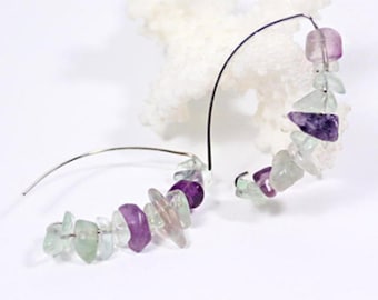 Amethyst Cluster Earrings Birthstone February Jewelry - Fluorite Gemstone Earrings - Purple Green Jewelry Unusual - Birthday Gift Christmas