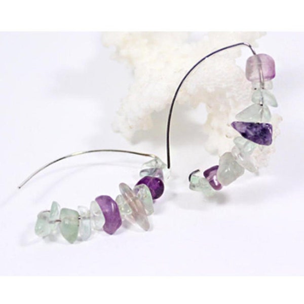 Amethyst Cluster Earrings Birthstone February Jewelry - Fluorite Gemstone Earrings - Purple Green Jewelry Unusual - Birthday Gift Christmas