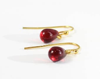 14k Gold Earrings Dangle - Ruby Jewelry Gift for Daughter - Christmas gift - Small Red Earrings - Tiny Ear Bridesmaid Earrings Gifts for her